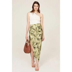 Baja East Cascade Skirt Green Satin Palm Print Maxi Side Slit Size 2-4 US